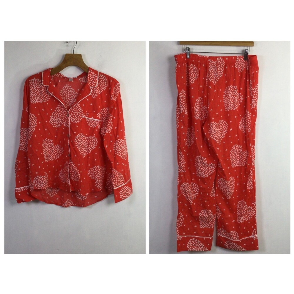 Victoria's Secret Womens Button-Down Pajama Suit Heart-Print Red White Size L